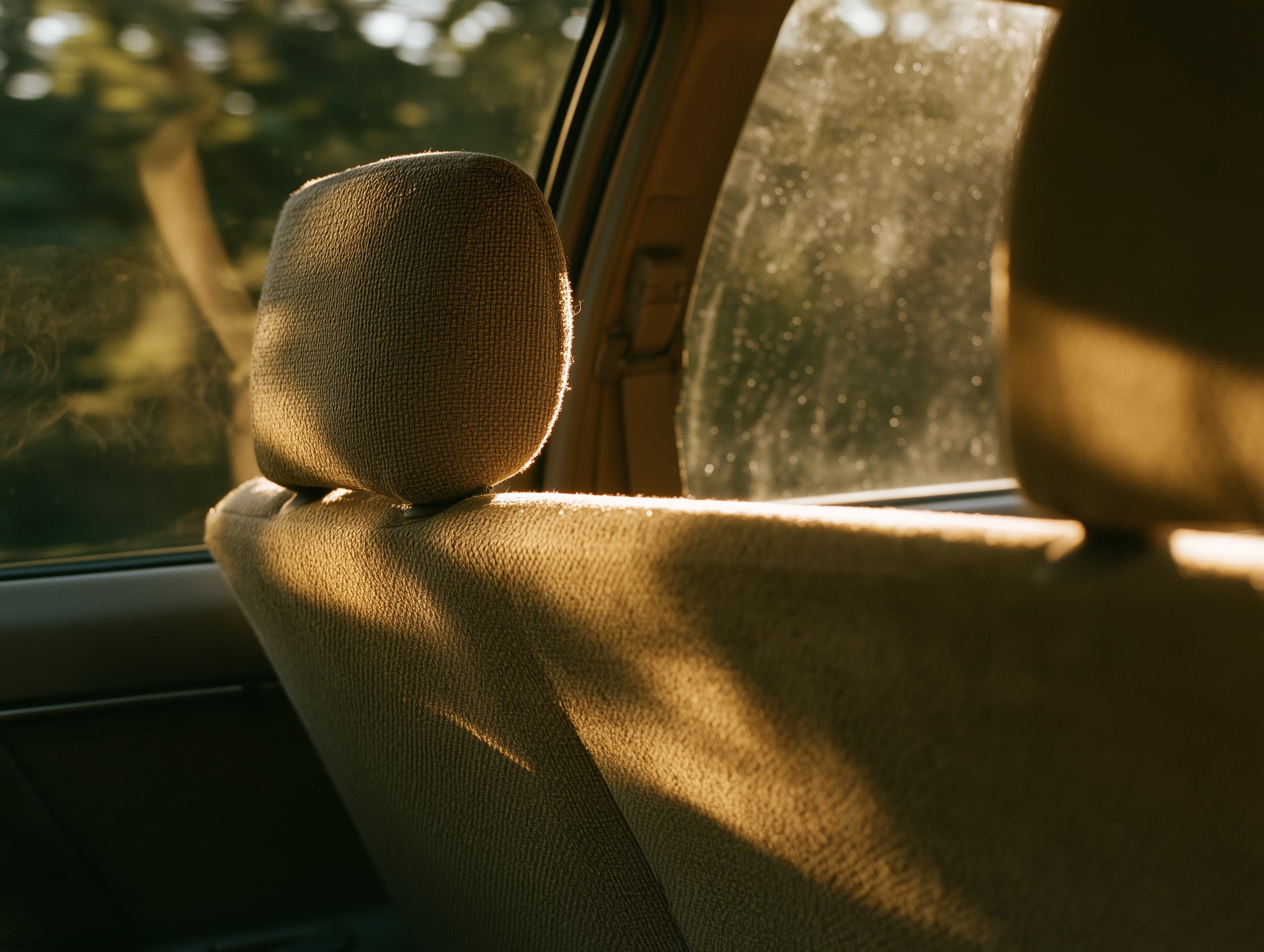 Morning sunlight falling across the empty seat of a passenger vehicle